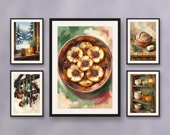 Set of 5 winter chalet kitchen wall art, rustic printable baked apples, copper and pine for cozy dining room