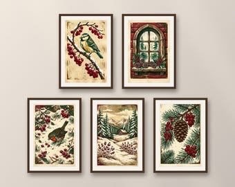 Set of 5 winter birds and wild berries prints, mountain cabin linocut wall art, rustic forest decor, hygge poster