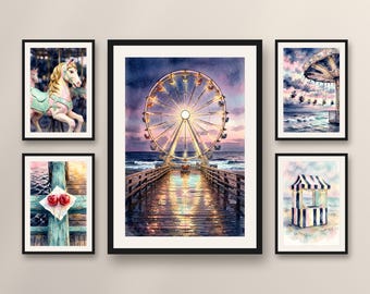 Set of 5 seaside carnival wall art prints, coastal twilight dusk fair, retro pastel printable posters for bedroom