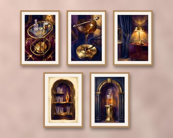 Set of 5 Art Deco bar prints, chic cocktail lounge and brass wall art, elegant dining room prints to download