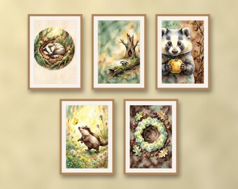 Set of 5 woodland badger art prints, autumn forest nursery wall art, gentle animal storybook baby room decor