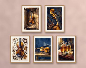 Set of 5 violin prints violin maker workshop wall art, classical music posters, cozy living room string instrument art