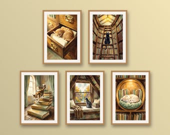 Set of 5 secret library cats wall art prints, cozy feline bookish decor, reading nook and guest room printable poster