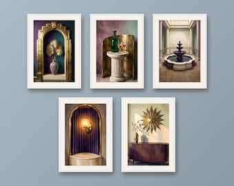 Set of 5 Neo Deco wall art prints, plum and gold geometric posters, brushed brass architectural living room decor
