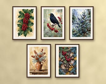 Set of 5 winter berries and woodland wall art prints, festive botanical prints, carmine red and pine green room decor
