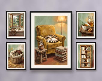 Set of 5 cozy reading nook wall art prints, hygge library and sleeping cat illustrations, warm winter printable poster decor