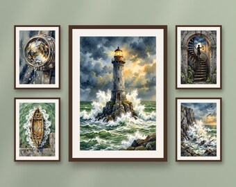 Set of 5 lighthouse and winter storm prints, coastal wall art, atlantic ocean seascape decor for living room and office