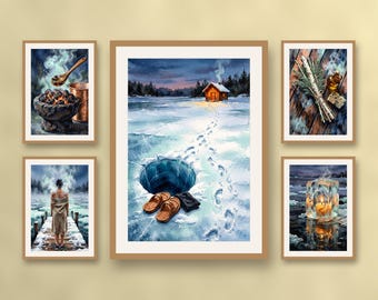 Set of 5 Nordic sauna prints, Scandinavian spa and bathroom wall art, ice bath and winter dusk steam illustrations