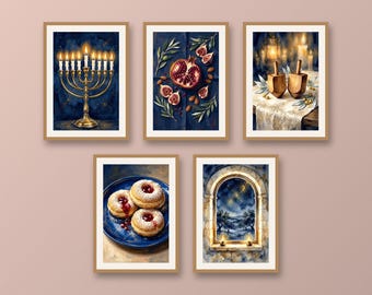 Set of 5 Hanukkah wall art prints, festival of lights menorah and pomegranate, midnight blue and gold seasonal holiday decor