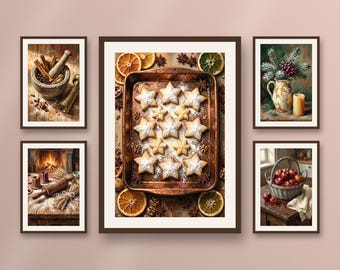 Set of 5 Christmas baking wall art prints, cozy festive kitchen decor, gingerbread, cinnamon and rustic pottery