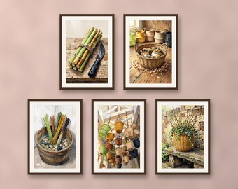 Set of 5 wicker basket workshop wall art prints, rustic artisan basketry and willow botanical prints, printable farmhouse decor