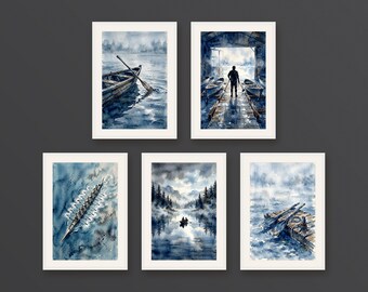 Set of 5 rowing wall art prints, misty lake sports posters, water reflections, minimalist navy blue office decor