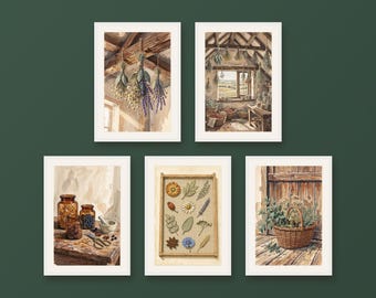 Set of 5 herbalist drying attic prints, rustic botanical cottagecore wall art, dried herbs and apothecary jars