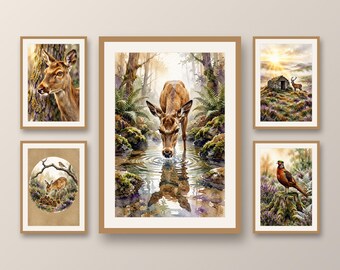 Set of 5 golden mist deer and woodland prints, autumn moorland wildlife wall art, cozy rustic living room and bedroom decor