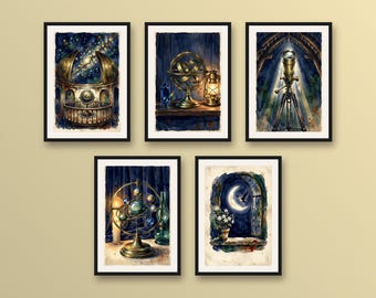 Set of 5 astronomical observatory prints, starry sky wall art, brass telescope and celestial instruments decor