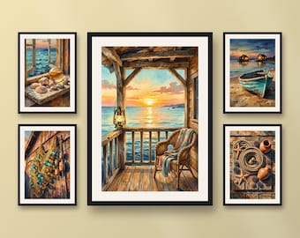 Set of 5 fisherman cabin sunset prints, coastal wall art seaside landscape decor, summer beach house posters