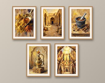Set of 5 spice market prints, warm oriental souk wall art, terracotta and saffron food poster set for kitchen and dining room