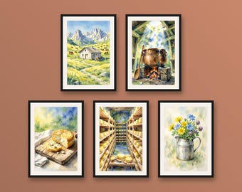 Set of 5 alpine dairy wall art prints, summer mountain cheese making prints, rustic chalet kitchen printable decor