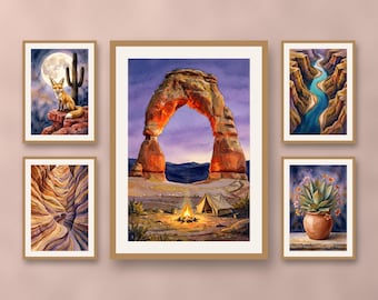 Set of 5 desert canyon twilight prints, terracotta southwest landscape wall art, bohemian dusk nature poster download