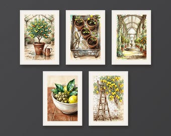 Set of 5 conservatory wall art prints, botanical citrus and greenhouse decor, winter orangerie and lemons for dining room