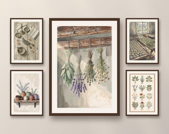 Set of 5 herbalist shed prints, cottagecore botanical wall art, dried herbs and tea corner printable decor