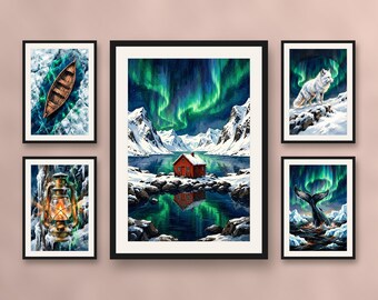 Set of 5 arctic expedition wall art prints, northern lights and sea ice posters, modern navy blue winter printable home decor