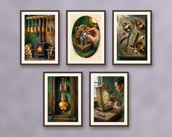 Set of 5 alpine clockmaker wall art prints, rustic mountain cabin craft workshop, cozy woodsy office living room decor