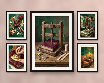 Set of 5 bookbinding workshop prints, dark cozy library decor, antique leather books wall art, gilder tools and bibliophile study