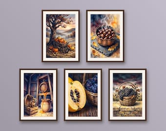 Set of 5 autumn harvest orchard art prints, rustic farmhouse wall decor, cozy kitchen fall pumpkin and fruit posters