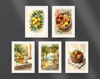 Set of 5 Mediterranean citrus kitchen wall art prints, Amalfi lemon botanical decor, sunny culinary printable posters