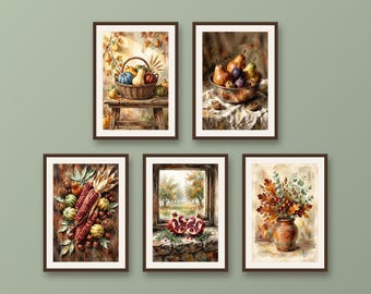 Set of 5 autumn harvest prints, heirloom squash and rustic kitchen wall art, cozy Thanksgiving home decor