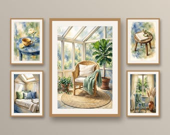 Set of 5 sunroom reading nook wall art prints, cozy winter garden prints, patina blue and rattan decor download
