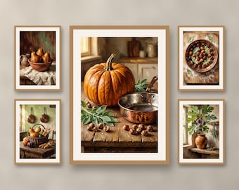 Set of 5 rustic autumn harvest and copper wall art prints, cozy Thanksgiving kitchen prints, squash and pears wall decor