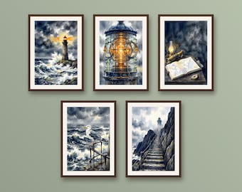 Set of 5 stormy lighthouse wall art prints, coastal Atlantic ocean prints, Celtic sea gale and maritime printable decor