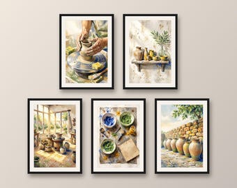 Set of 5 pottery studio wall art prints, ceramic and craft poster set, terracotta kitchen and living room decor, printable art