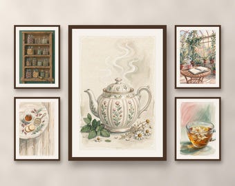 Set of 5 botanical tea room wall art prints, cozy cottagecore kitchen decor, herbalist and teapot poster set