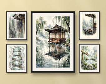 Set of 5 Japanese rainy tea pavilion prints, zen garden and water reflection, calming living room wall art printable download
