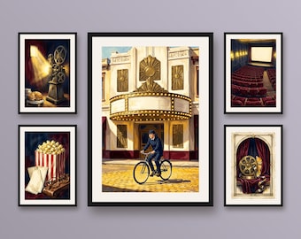 Set of 5 retro cinema wall art prints art deco movie room decor, vintage projector popcorn velvet theater printable art
