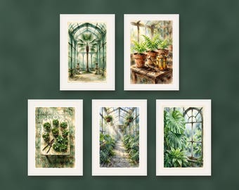 Set of 5 prints conservatory wall art, Victorian greenhouse botanical prints, fern and monstera foliage decor