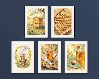 Set of 5 honey prints, wild bee wall art, country beekeeping posters and sunny spring wildflowers, printable art