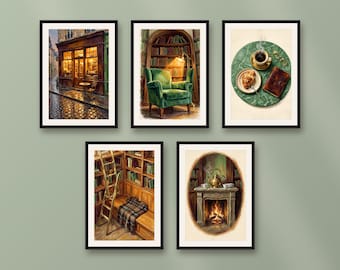 Set of 5 cozy bookshop cafe art prints, warm reading nook wall decor, moody dark academia library posters download