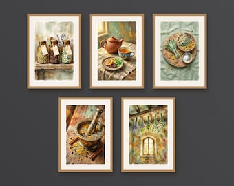Set of 5 herbal tea prints, cottagecore kitchen wall art, medicinal herb illustrations, cozy printable botanicals