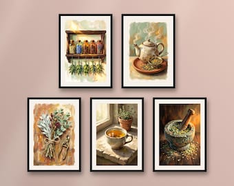 Set of 5 herbal tea prints, apothecary botanical wall art, cottagecore kitchen prints, dried herbs and teapot printable decor