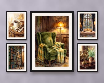 Set of 5 cozy library reading nook art prints, warm velvet armchair and moody bookshelf wall decor for study and home