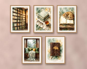 Set of 5 cozy reading nook and library wall art prints, rainy window seat and book lover posters, printable home decor
