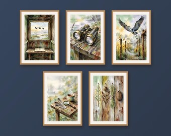 Set of 5 bird watching hide prints, coastal wetland mist wall art, rustic sage ochre naturalist decor for office