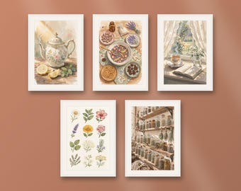 Set of 5 botanical tea room art prints, cottagecore kitchen wall decor, herbal apothecary watercolor posters