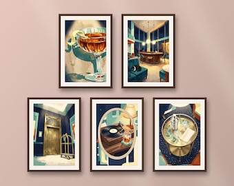 Set of 5 retro hotel bar prints, mid-century lounge wall art, chic cocktail club poster, printable hospitality decor