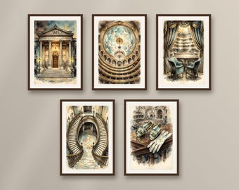 Set of 5 opera house prints, classical theatre wall art, sepia and celadon ink architecture illustrations for living room and office