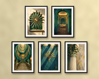 Set of 5 Art Deco wall art prints, brushed brass and emerald green architecture, geometric fan home decor instant download